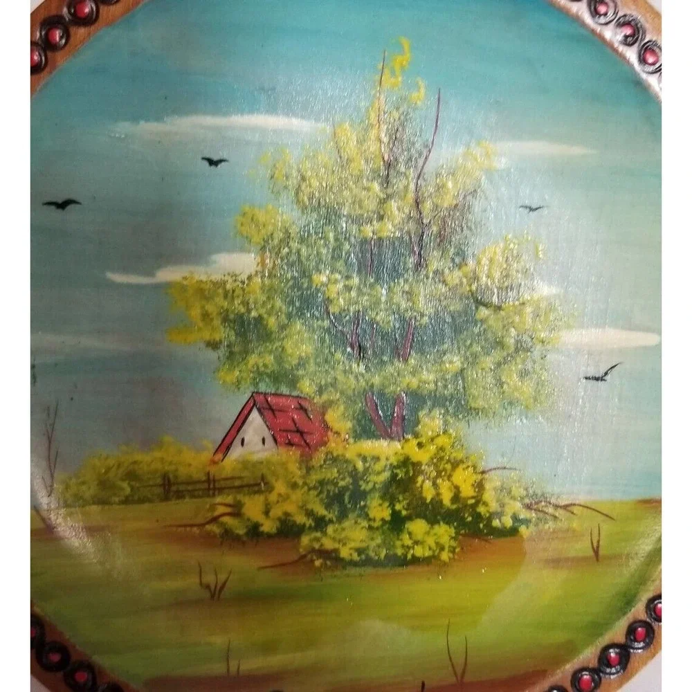 Vintage Romania Hand Painted Farm Country Scene Wood Wall Art Souvenir 6